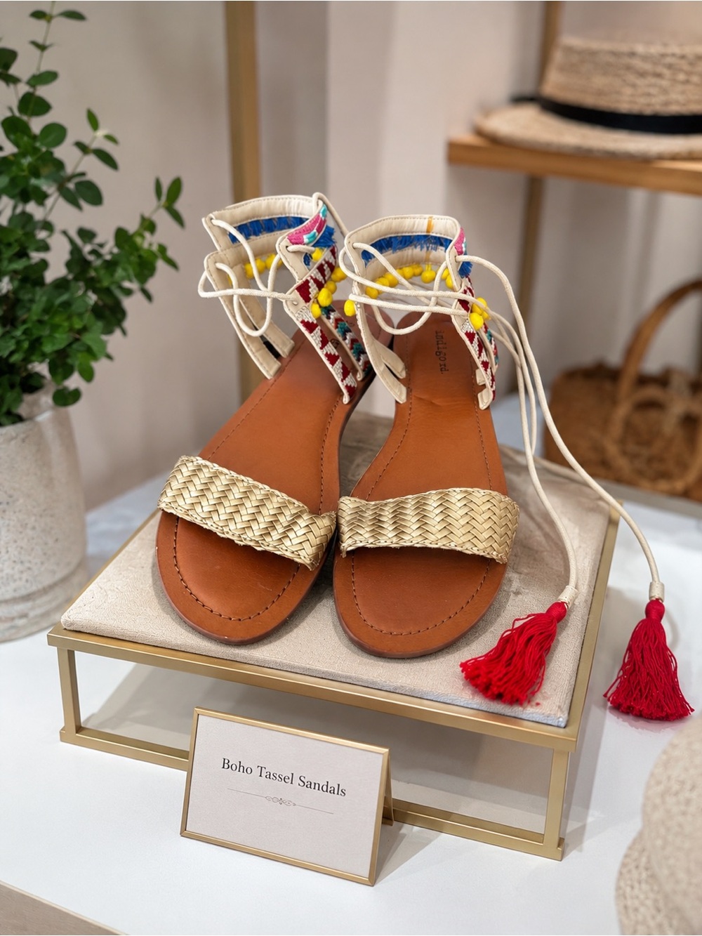 Boho Embroidered Lace-Up Sandals with Red Tassels